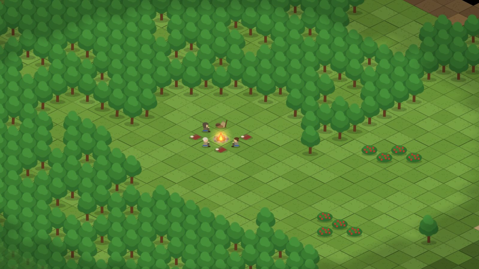A band of nomads sitting around a campfire in a clearing