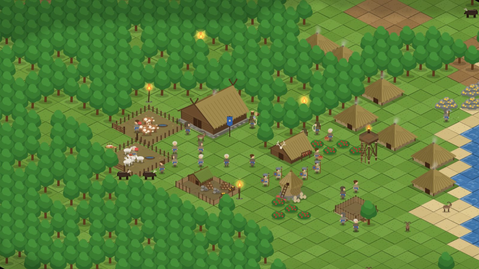 A small village of thatched huts around a great hall, with animal pens, a stockyard and a granary